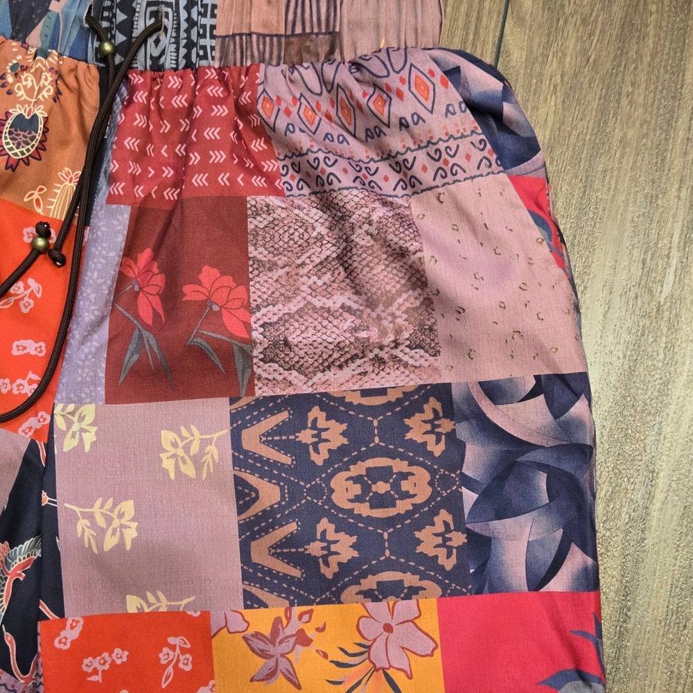Patchwork Print Wide Leg Pants Multicolor Boho Elastic Waist Drawstring Large - Picture 6 of 10
